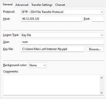 FileZilla connection to Hetzner