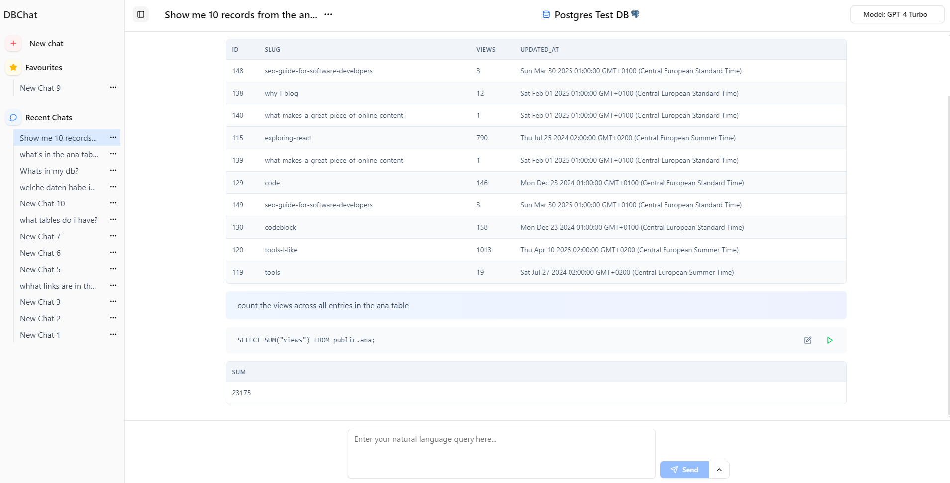 Database Chat interface preview